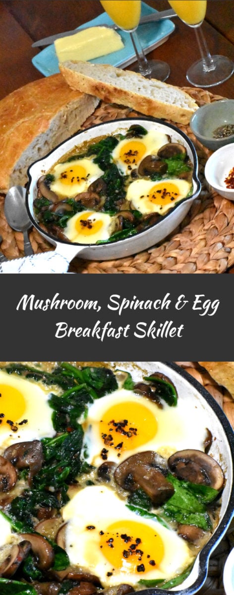 long pin of mushroom, spinach and egg breakfast skillet