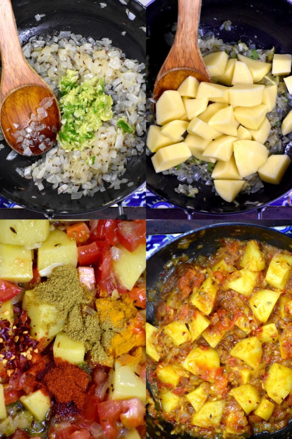 四幅拼贴画描绘了制作aloo palak的步骤。