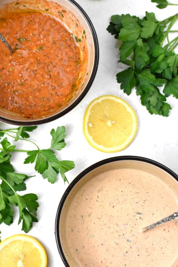 Another overhead shot of the two bowls of remoulade.