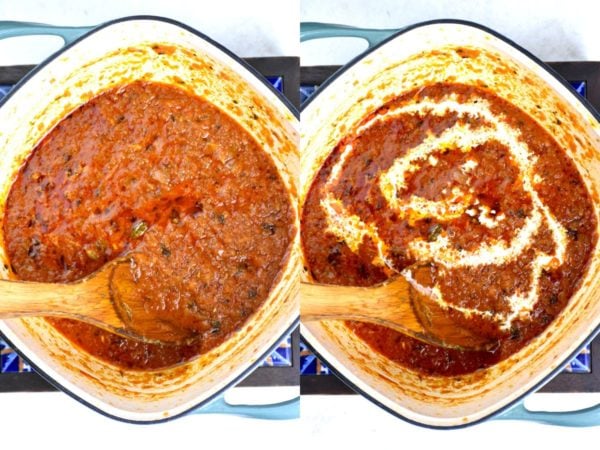 两张图片的拼贴:油从肉汁中分离出来，然后加入奶油。